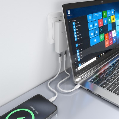 AISENS Cargador De Pared GaN Ultra Delgado 65W, 2xUSB-C PD3.0 QC4.0, Blanco