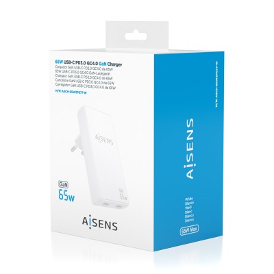 AISENS Cargador De Pared GaN Ultra Delgado 65W, 2xUSB-C PD3.0 QC4.0, Blanco