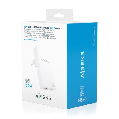 AISENS Cargador De Pared GaN Ultra Delgado 65W, 1xUSB-C PD3.0 QC4.0, 1xUSB-A QC3.0, Blanco