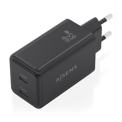 AISENS Cargador GaN 65W, 2xUSB-C PD3.0 QC4.0, Negro