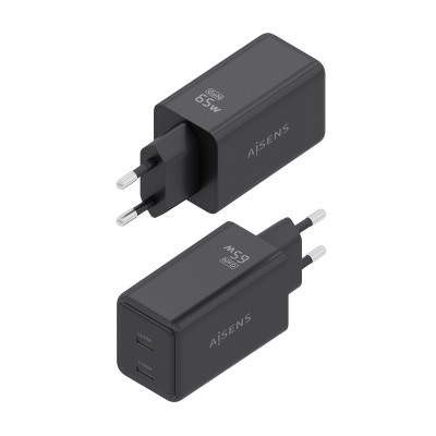 AISENS Cargador GaN 65W, 2xUSB-C PD3.0 QC4.0, Negro