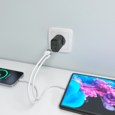 AISENS Cargador GaN 30W, 1xUSB-C PD3.0 QC4.0, 1xUSB-A QC3.0, Negro