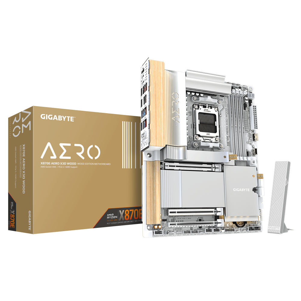 GIGABYTE X870E AERO X3D WOOD Placa Base - Compatible con procesadores AMD Ryzen 9000, VRM digital de 16+2+2 fases, hasta 9000Hz
