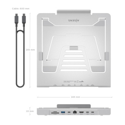 AISENS Soporte de Sobremesa Ajustable para Portatil  Tablet con USB-C Docking 7 en 1, Gris