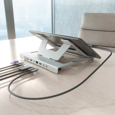 AISENS Soporte de Sobremesa Ajustable para Portatil  Tablet con USB-C Docking 7 en 1, Gris
