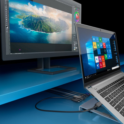 AISENS Soporte de Sobremesa Ajustable para Portatil  Tablet con USB-C Docking 7 en 1, Gris